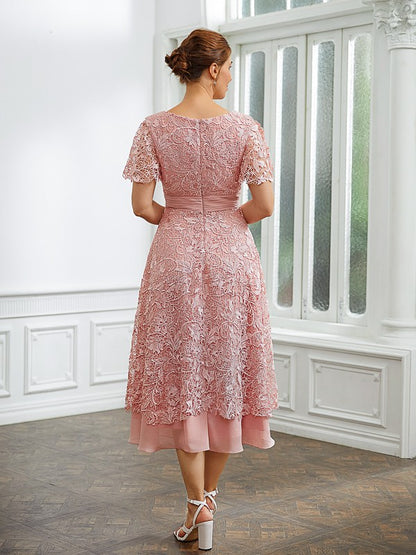 Wholesa A-Line/Princess Chiffon Applique V-neck Short Sleeves Tea-Length Dresses