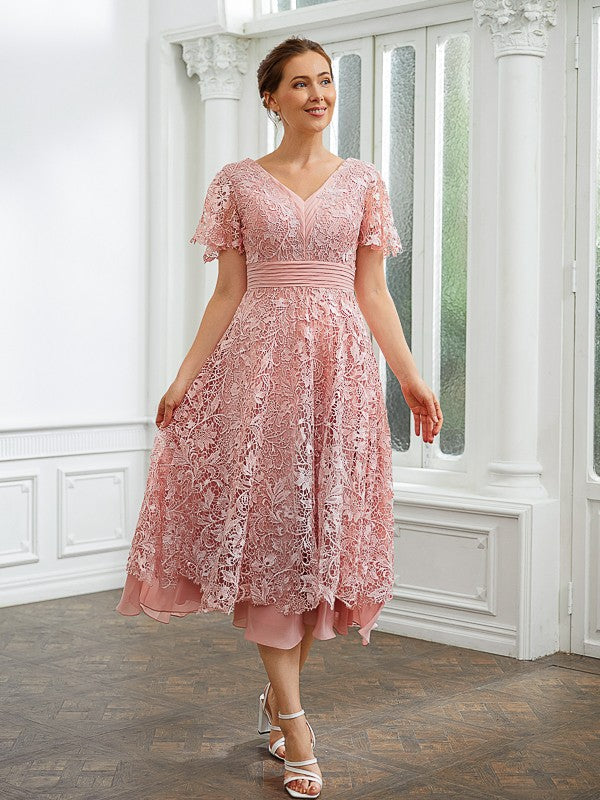 Aimishang Elegant A-Line/Princess V-neck Short Sleeves Tea-Length Chif ...
