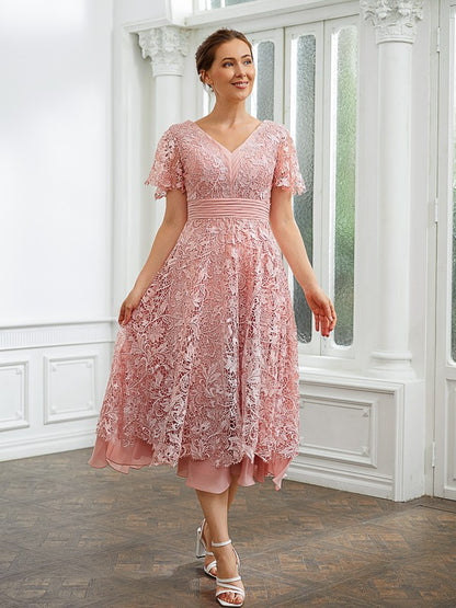 Wholesa A-Line/Princess Chiffon Applique V-neck Short Sleeves Tea-Length Dresses