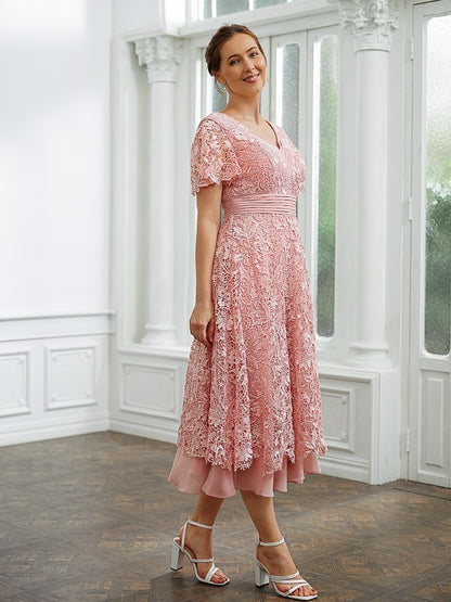 Wholesa A-Line/Princess Chiffon Applique V-neck Short Sleeves Tea-Length Dresses