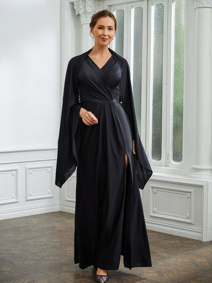 Wholesa Sheath/Column Jersey Ruched V-neck Sleeveless Floor-Length Mother of the Bride Dresses