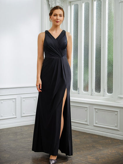 Wholesa Sheath/Column Jersey Ruched V-neck Sleeveless Floor-Length Mother of the Bride Dresses