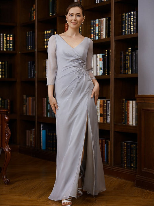 Wholesa Sheath/Column 30D Chiffon Beading V-neck 3/4 Sleeves Floor-Length Mother of the Bride Dresses