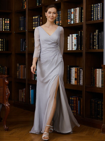 Wholesa Sheath/Column 30D Chiffon Beading V-neck 3/4 Sleeves Floor-Length Mother of the Bride Dresses