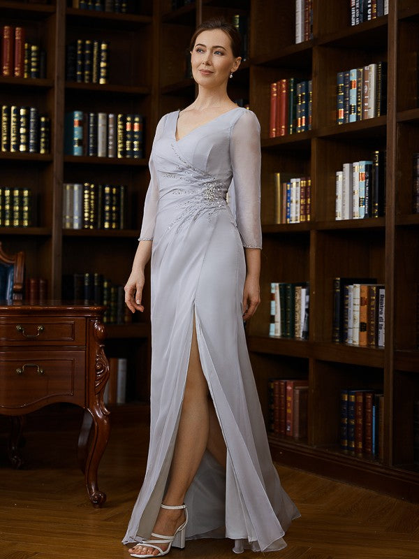 Wholesa Sheath/Column 30D Chiffon Beading V-neck 3/4 Sleeves Floor-Length Mother of the Bride Dresses