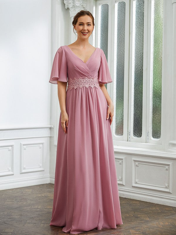 Wholesa A-Line/Princess Chiffon Ruched V-neck 1/2 Sleeves Floor-Length Mother of the Bride Dresses