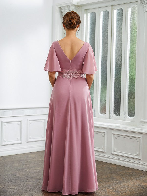 Wholesa A-Line/Princess Chiffon Ruched V-neck 1/2 Sleeves Floor-Length Mother of the Bride Dresses