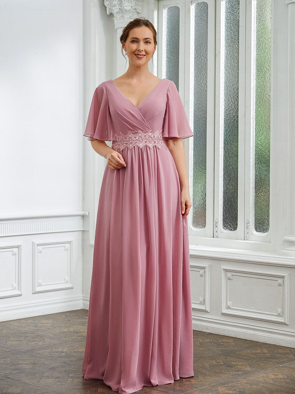 Wholesa A-Line/Princess Chiffon Ruched V-neck 1/2 Sleeves Floor-Length Mother of the Bride Dresses