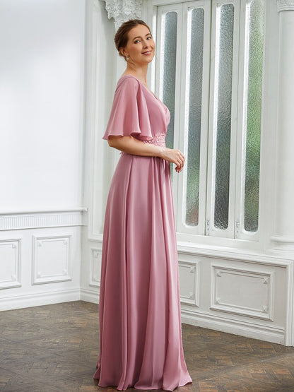 Wholesa A-Line/Princess Chiffon Ruched V-neck 1/2 Sleeves Floor-Length Mother of the Bride Dresses