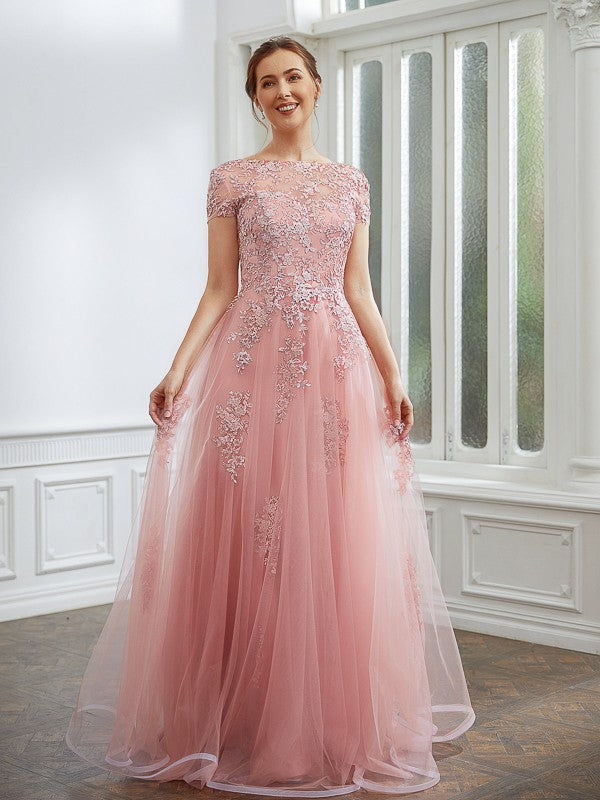 Wholesa A-Line/Princess Tulle Applique Bateau Short Sleeves Floor-Length Dresses