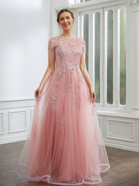 Wholesa A-Line/Princess Tulle Applique Bateau Short Sleeves Floor-Length Dresses