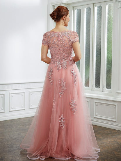 Wholesa A-Line/Princess Tulle Applique Bateau Short Sleeves Floor-Length Dresses