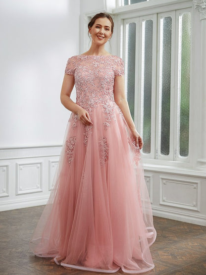 Wholesa A-Line/Princess Tulle Applique Bateau Short Sleeves Floor-Length Dresses