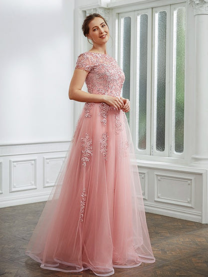 Wholesa A-Line/Princess Tulle Applique Bateau Short Sleeves Floor-Length Dresses