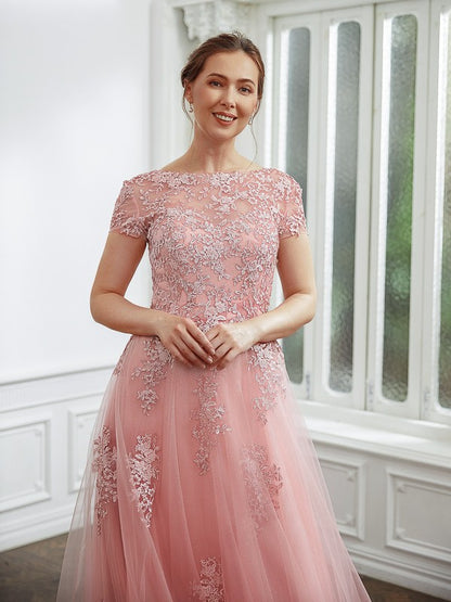 Wholesa A-Line/Princess Tulle Applique Bateau Short Sleeves Floor-Length Dresses