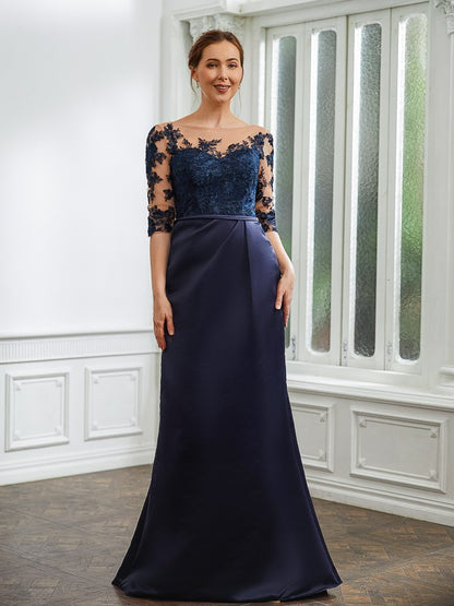 Wholesa Sheath/Column Satin Applique Bateau 1/2 Sleeves Sweep/Brush Train Mother of the Bride Dresses