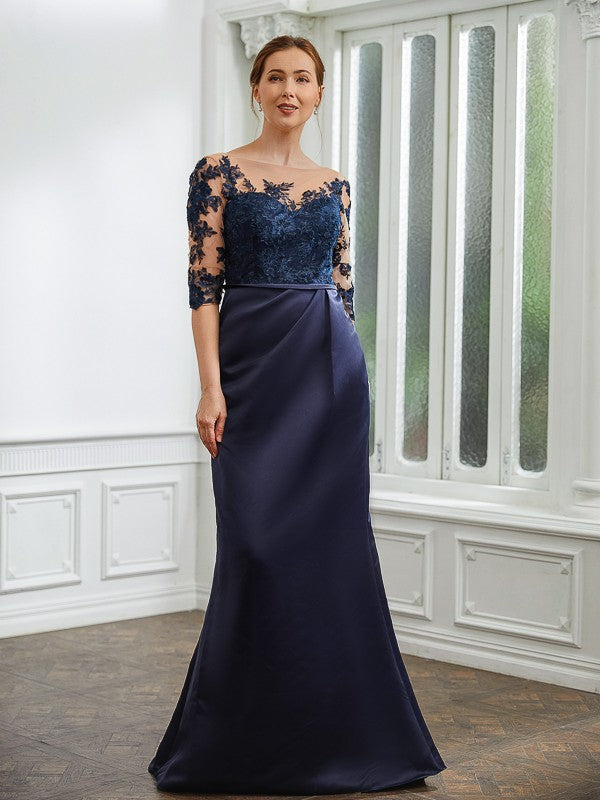 Wholesa Sheath/Column Satin Applique Bateau 1/2 Sleeves Sweep/Brush Train Mother of the Bride Dresses