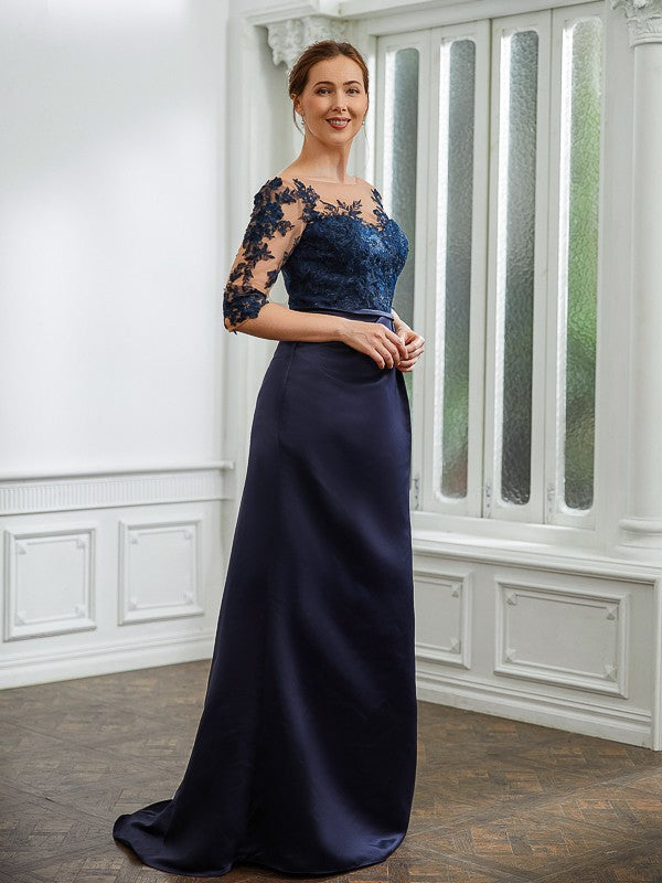 Wholesa Sheath/Column Satin Applique Bateau 1/2 Sleeves Sweep/Brush Train Mother of the Bride Dresses