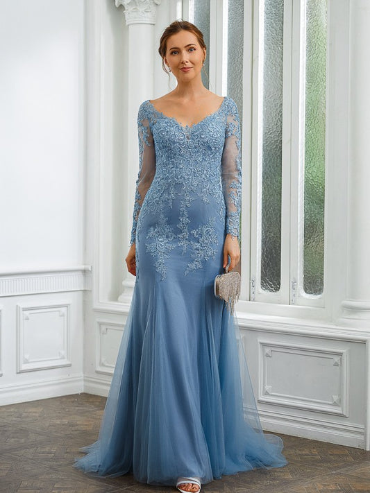 Wholesa Sheath/Column Tulle Applique V-neck Long Sleeves Sweep/Brush Train Mother of the Bride Dresses