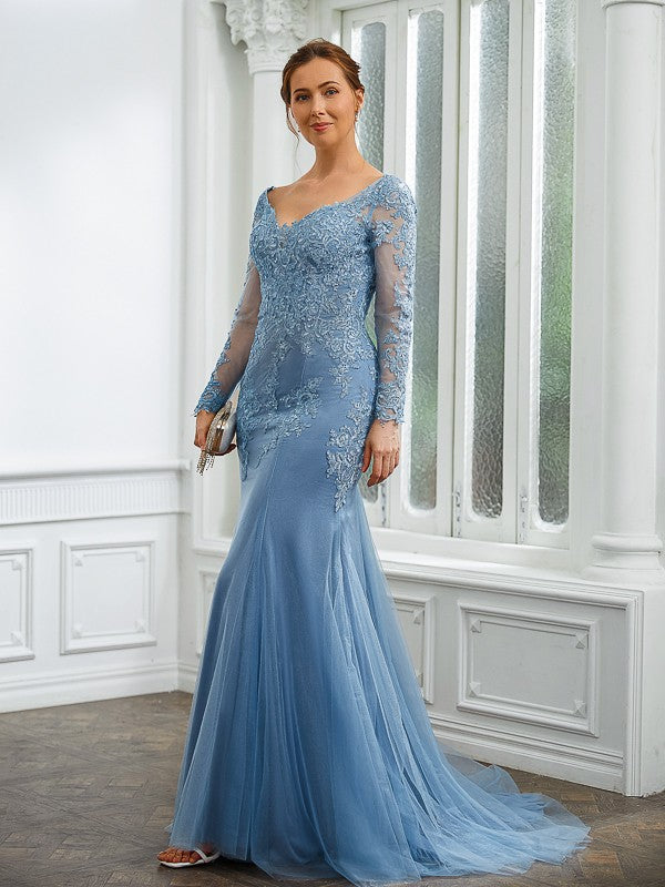 Wholesa Sheath/Column Tulle Applique V-neck Long Sleeves Sweep/Brush Train Mother of the Bride Dresses