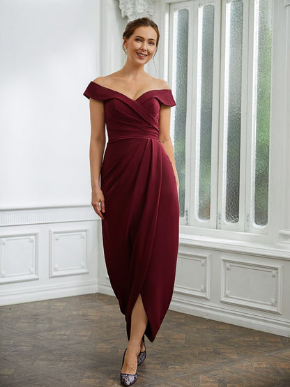 Wholesa Sheath/Column Stretch Crepe Ruched Off-the-Shoulder Sleeveless Floor-Length Mother of the Bride Dresses