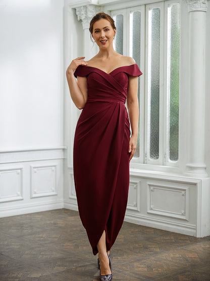 Wholesa Sheath/Column Stretch Crepe Ruched Off-the-Shoulder Sleeveless Floor-Length Mother of the Bride Dresses