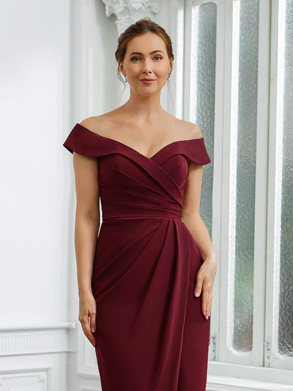 Wholesa Sheath/Column Stretch Crepe Ruched Off-the-Shoulder Sleeveless Floor-Length Mother of the Bride Dresses