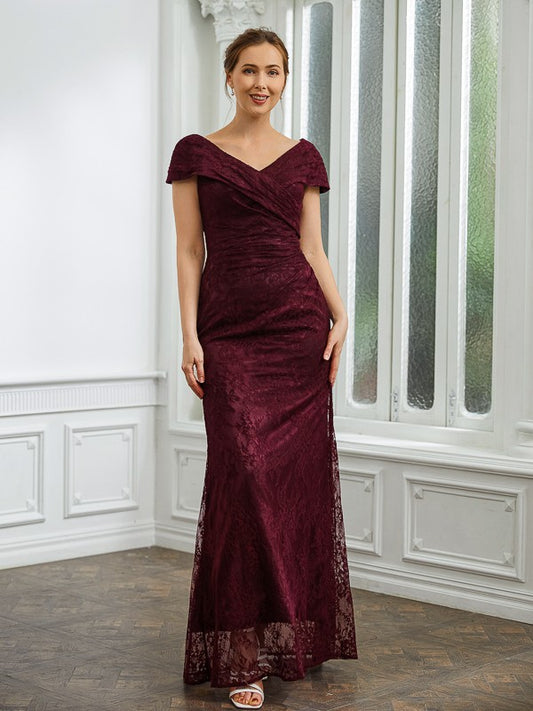 Wholesa Sheath/Column Lace Ruched V-neck Short Sleeves Floor-Length Mother of the Bride Dresses