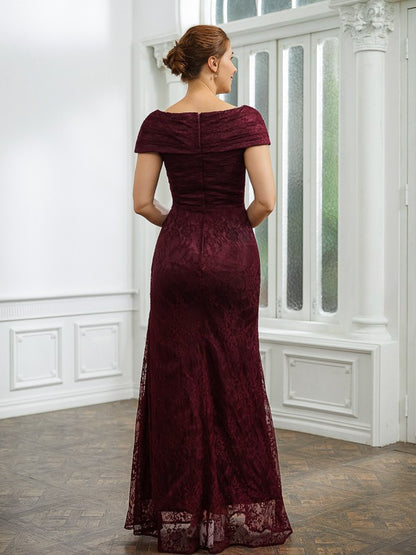 Wholesa Sheath/Column Lace Ruched V-neck Short Sleeves Floor-Length Mother of the Bride Dresses