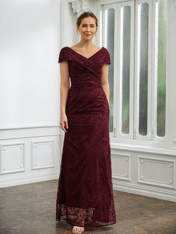 Wholesa Sheath/Column Lace Ruched V-neck Short Sleeves Floor-Length Mother of the Bride Dresses