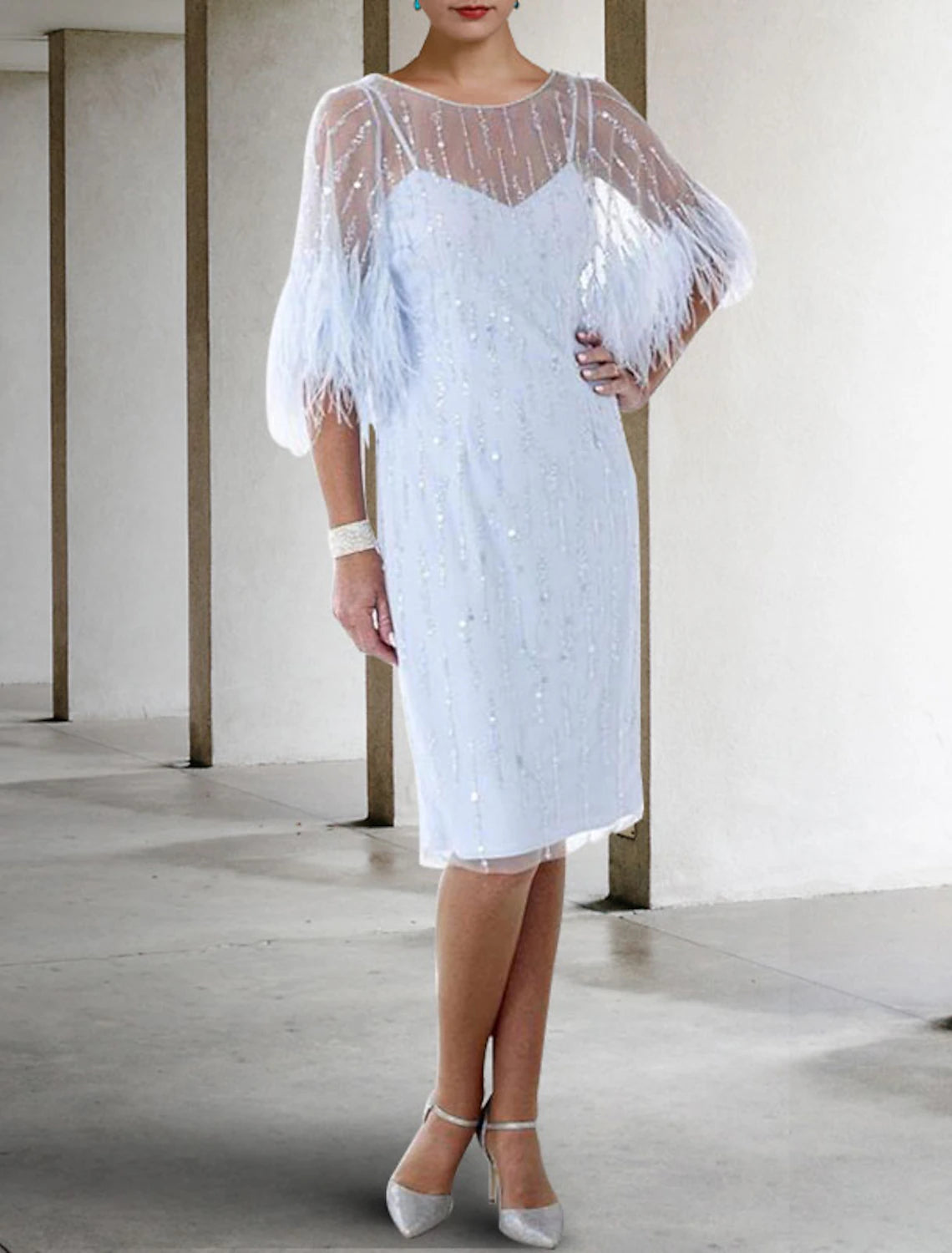 wholesale Sheath / Column Mother of the Bride Dress Fall Wedding Guest Sparkle & Shine Elegant Jewel Neck Knee Length Stretch Chiffon Half Sleeve with Feather Beading Sequin