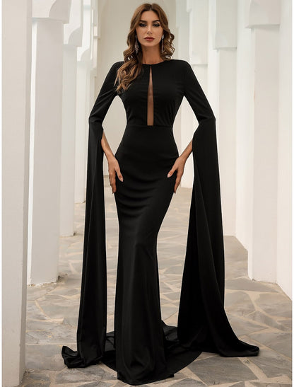 Wholesa Black Mermaid / Trumpet Evening Gown Elegant Dress Formal Fall Court Train Long Sleeve Jewel Neck Stretch Fabric with Pleats