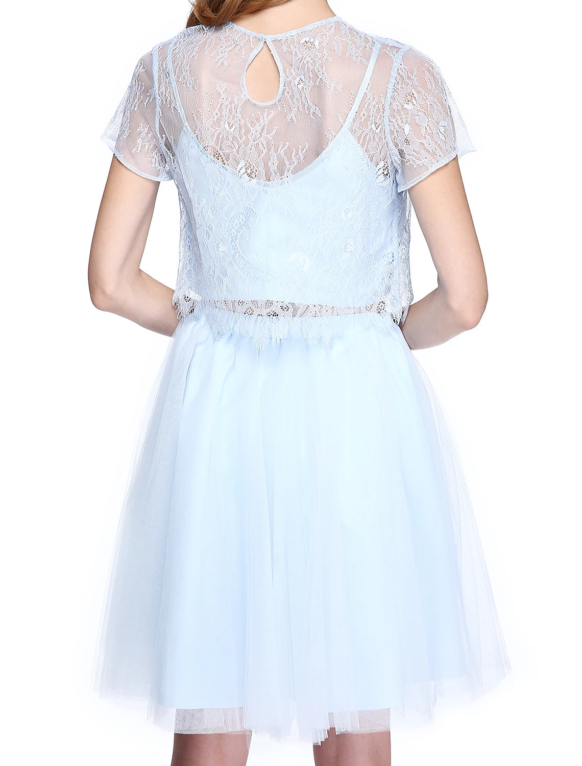 wholesale   A-Line Mother of the Bride Dress Two Piece Jewel Neck Knee Length Lace Tulle Short Sleeve No with Lace