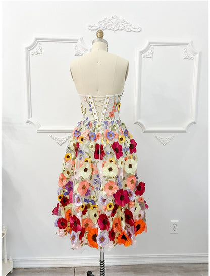 wholesale A-Line Cocktail Dresses Floral Dress Summer Knee Length Sleeveless Strapless Tulle with Appliques