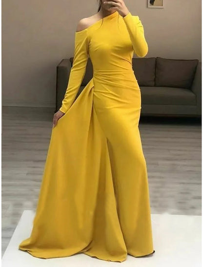 Wholesa Sheath / Column Evening Gown Elegant Dress Formal Evening Floor Length Long Sleeve One Shoulder Fall Wedding Guest Stretch Fabric with Sleek Ruched