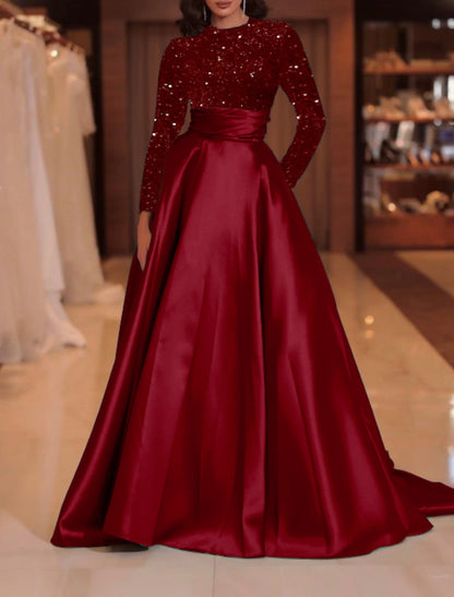 Wholesa A-Line Evening Gown Sparkle Red Green Dress Formal Cocktail Party Court Train Long Sleeve High Neck Fall Wedding Guest Satin with Sequin