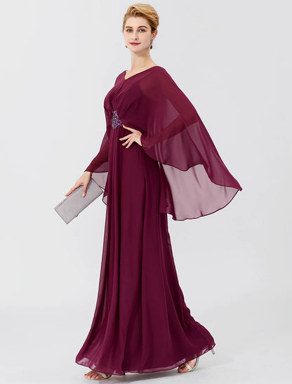 Wholesa  Sheath / Column Mother of the Bride Dress Formal Classic & Timeless Elegant & Luxurious Elegant V Neck Floor Length Chiffon Long Sleeve with Pleats Beading