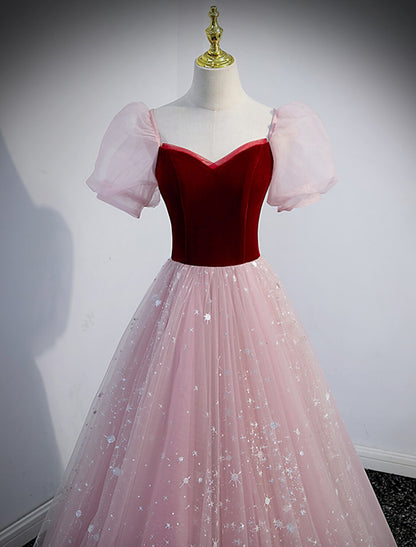 wholesale  A-Line Prom Dresses Princess Dress Prom Floor Length Short Sleeve Sweetheart Tulle with Sequin