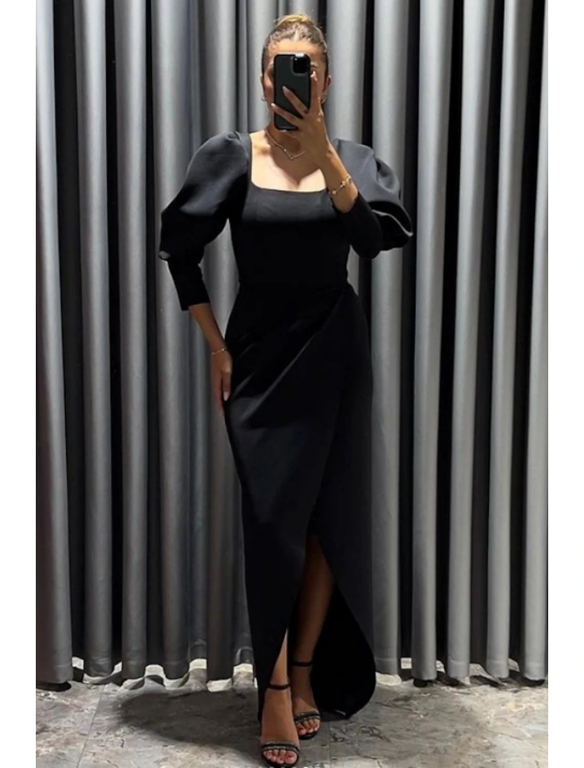 Wholesa Black Dress Sheath / Column Evening Gown Elegant Dress Formal Fall Asymmetrical 3/4 Length Sleeve Square Neck Stretch Fabric with Ruched Slit