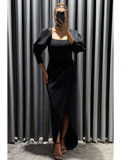 Wholesa Black Dress Sheath / Column Evening Gown Elegant Dress Formal Fall Asymmetrical 3/4 Length Sleeve Square Neck Stretch Fabric with Ruched Slit