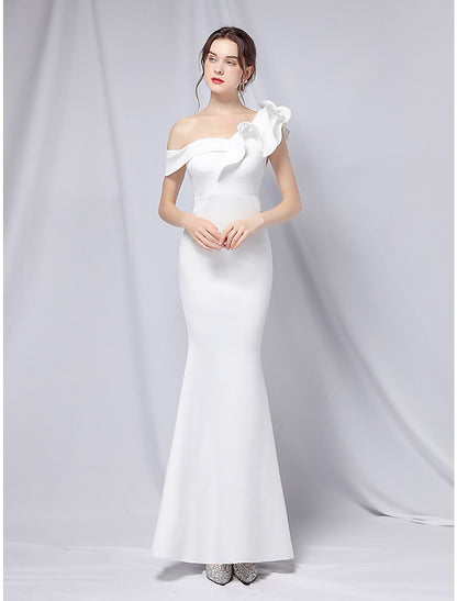 Wholesa Mermaid Party Dress Evening Gown Empire Dress Wedding Guest Formal Evening Floor Length Short Sleeve One Shoulder Stretch Satin with Ruffles