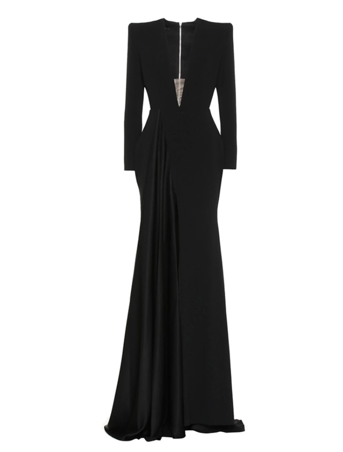 Wholesa A-Line Evening Gown Elegant Black Champagne Dress Plus Size Dress Formal Sweep / Brush Train Long Sleeve V Neck Stretch Fabric with Pleats Slit