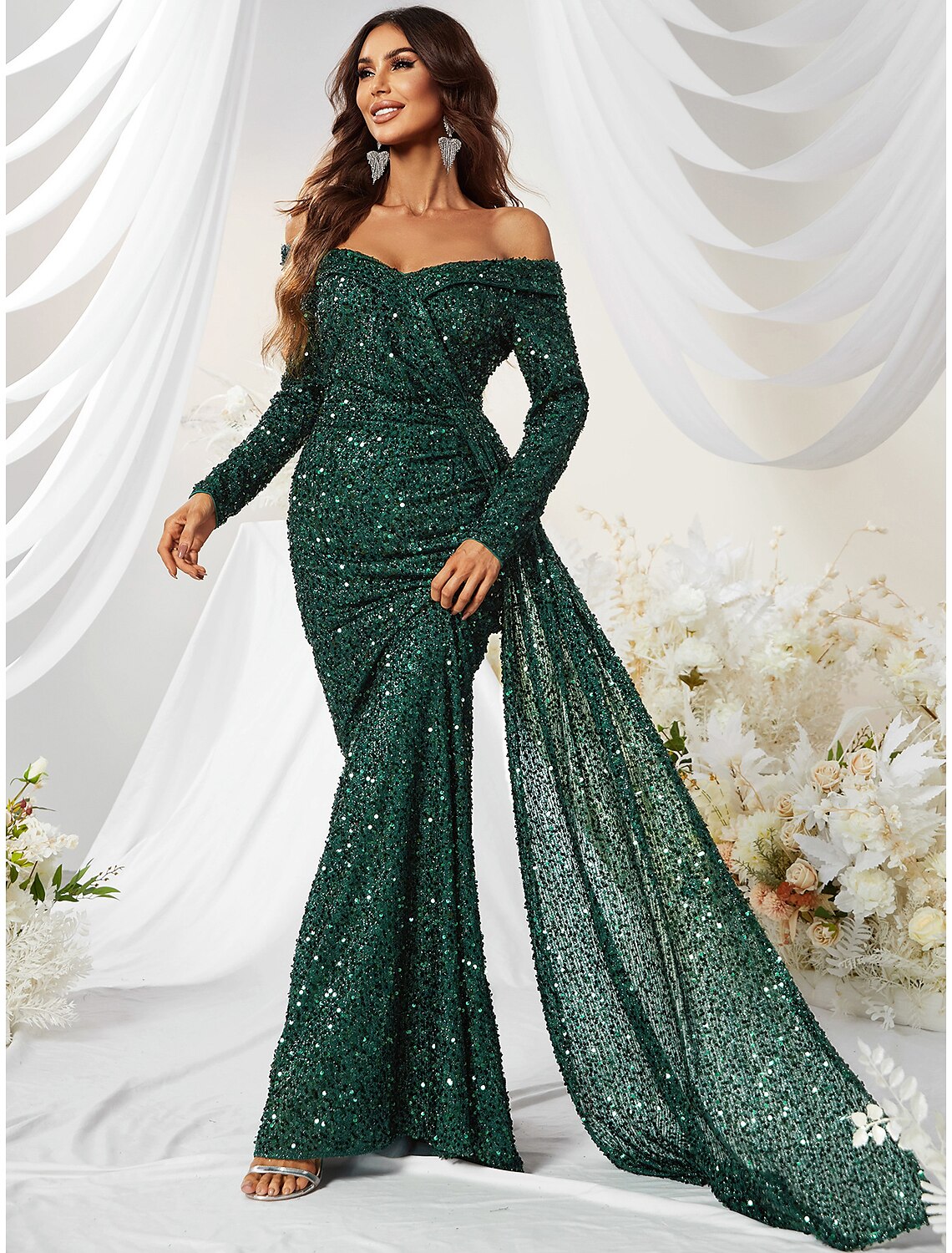 Wholesa Mermaid / Trumpet Evening Gown Sparkle & Shine Dress Formal Wedding Guest Sweep / Brush Train Long Sleeve Off Shoulder Polyester with Sequin