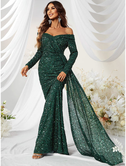 Wholesa Mermaid / Trumpet Evening Gown Sparkle & Shine Dress Formal Wedding Guest Sweep / Brush Train Long Sleeve Off Shoulder Polyester with Sequin