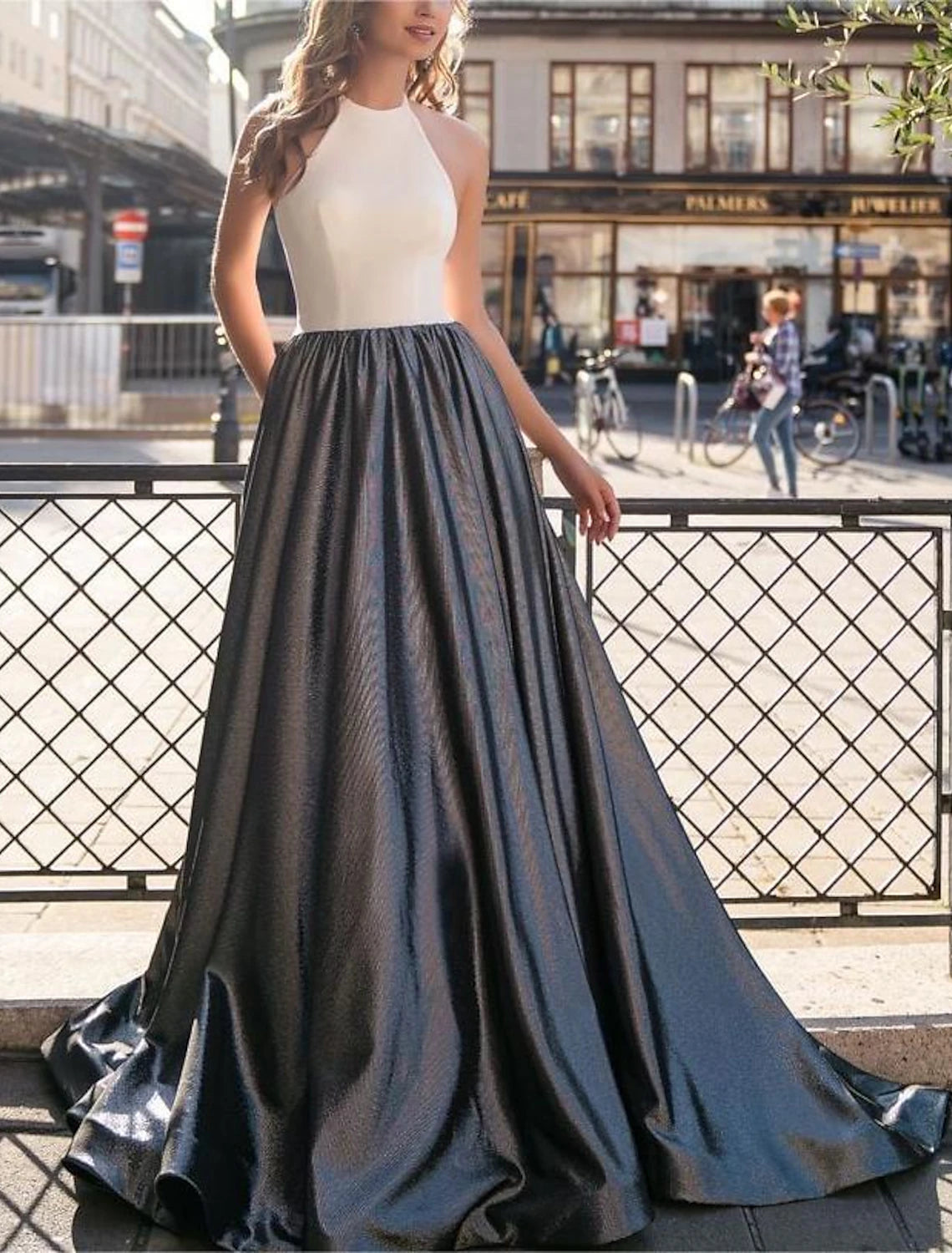 Wholesa A-Line Evening Gown Color Block Dress Wedding Prom Floor Length Sleeveless Stand Collar Stretch Chiffon with Glitter