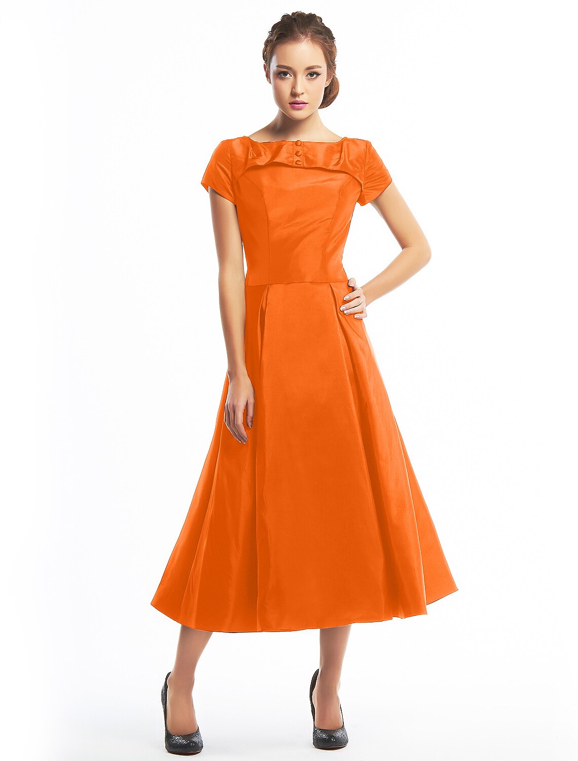 wholesale A-Line Vintage Dress Homecoming Tea Length Short Sleeve Boat Neck Taffeta with Buttons