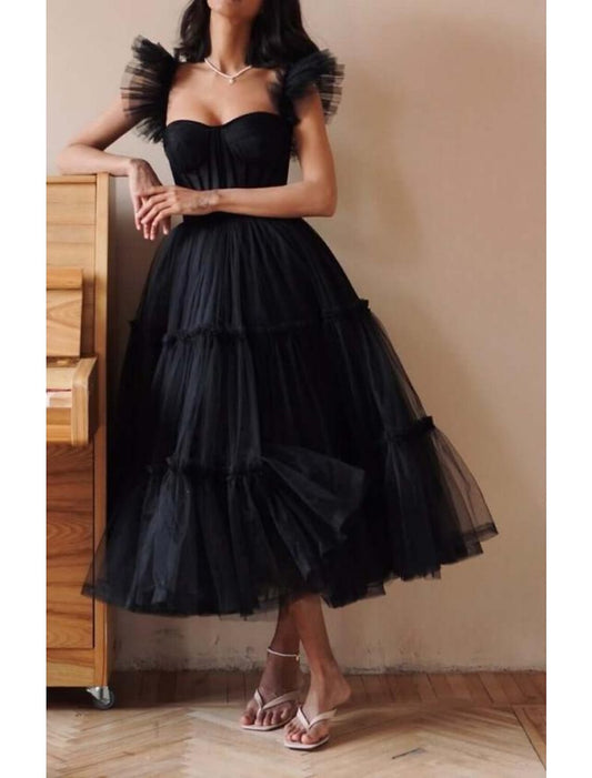 Aimishang  A-Line Prom Dresses Gothic Dress Masquerade Ankle Length Sleeveless Sweetheart Wednesday Addams Family Tulle Crisscross Back with Pleats Ruffles