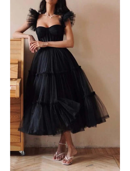 Wholesa A-Line Prom Black Dress Vintage Dress Masquerade Ankle Length Sleeveless Sweetheart Wednesday Addams Family Tulle Crisscross Back with Pleats Ruffles