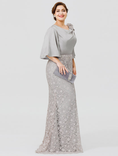 Wholesa Mermaid / Trumpet Mother of the Bride Dress Plus Size Sexy Cowl Neck Sweep / Brush Train Satin Chiffon Lace Over Satin Half Sleeve No with Appliques