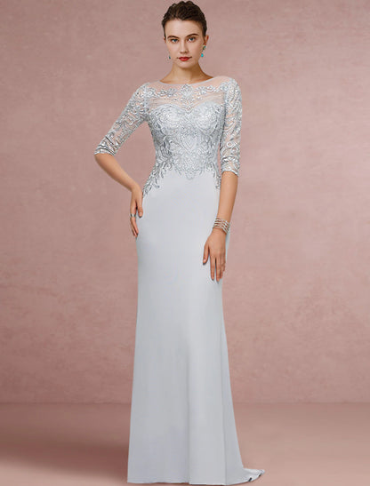 wholesale Sheath / Column Mother of the Bride Dress Wedding Guest Vintage Elegant Scoop Neck Sweep / Brush Train Chiffon Lace Half Sleeve with Sequin